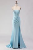 Sparkly Sky Blue Ruched Beaded Long Corset Prom Dress with Slit