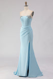 Sparkly Sky Blue Ruched Beaded Long Corset Prom Dress with Slit