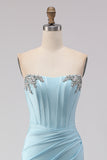 Sparkly Sky Blue Ruched Beaded Long Corset Prom Dress with Slit