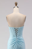 Sparkly Sky Blue Ruched Beaded Long Corset Prom Dress with Slit