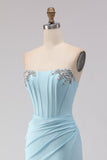 Sparkly Sky Blue Ruched Beaded Long Corset Prom Dress with Slit