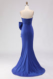 Royal Blue Strapless Mermaid Satin Long Prom Dress with Slit