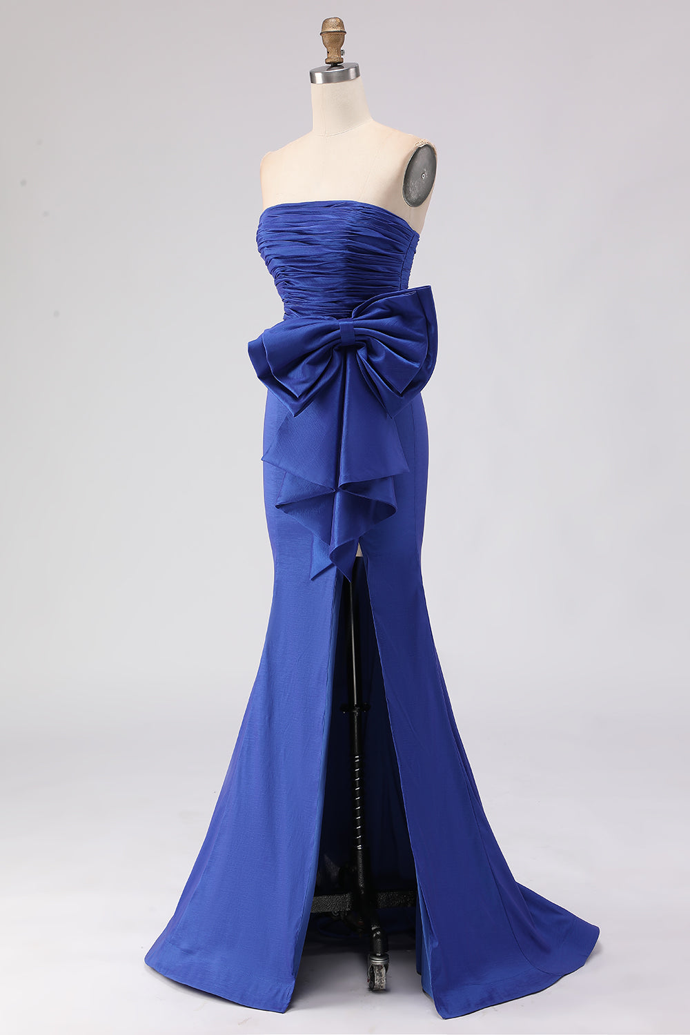 Leely Women Royal Blue Satin Maxi Prom Dress with Slit Ruched Strapless