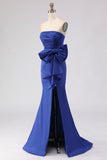 Royal Blue Strapless Mermaid Satin Long Prom Dress with Slit