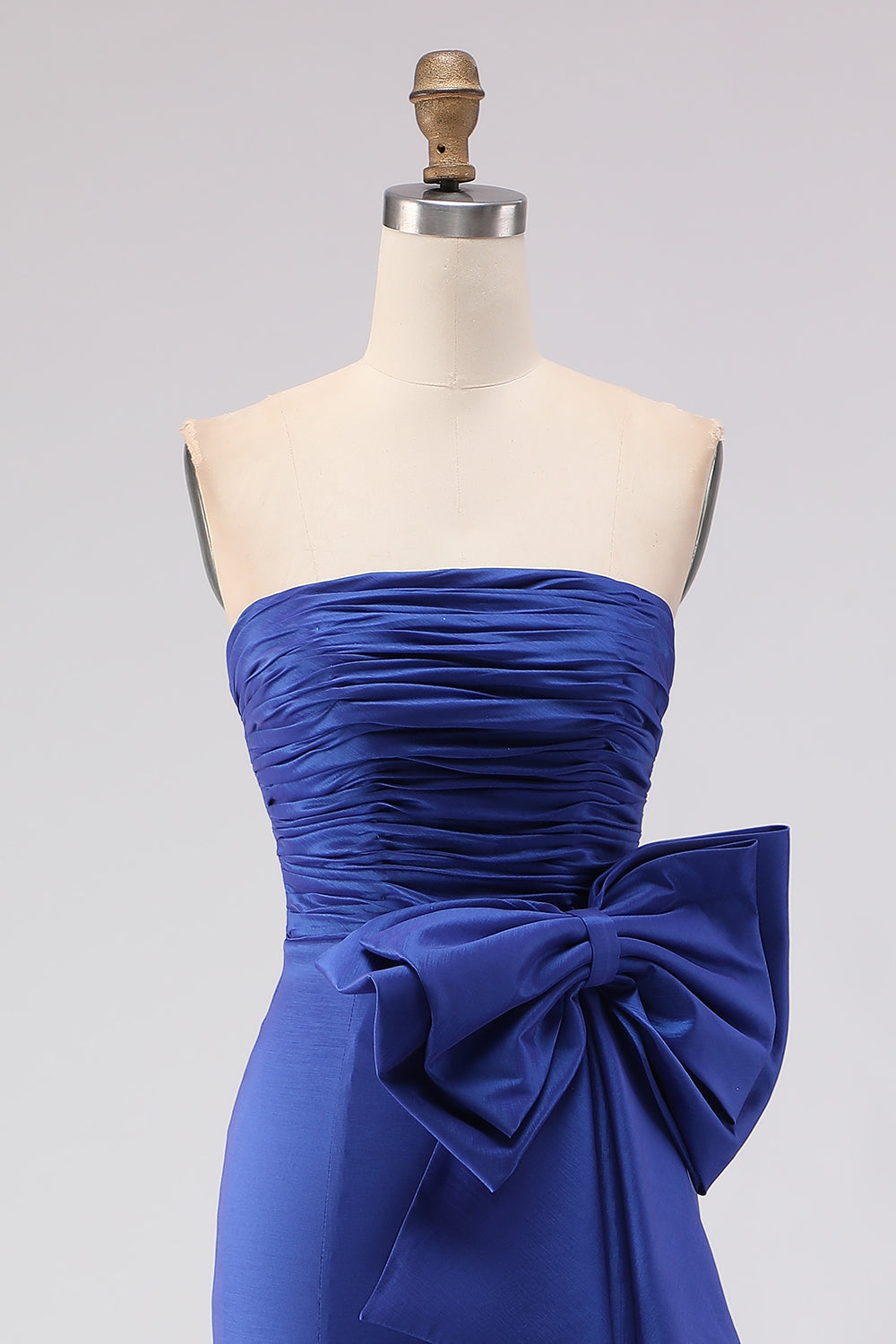 Leely Women Royal Blue Satin Maxi Prom Dress with Slit Ruched Strapless