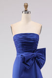 Royal Blue Strapless Mermaid Satin Long Prom Dress with Slit