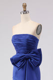 Royal Blue Strapless Mermaid Satin Long Prom Dress with Slit