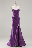 Sparkly Dark Purple Mermaid Beaded Long Corset Prom Dress with Slit