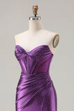 Sparkly Dark Purple Mermaid Beaded Long Corset Prom Dress with Slit