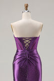 Sparkly Dark Purple Mermaid Beaded Long Corset Prom Dress with Slit