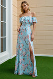 Floral Blue and Pink Off the Shoulder A Line Long Bridesmaid Dress with Slit
