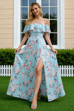 Floral Blue and Pink Off the Shoulder A Line Long Bridesmaid Dress with Slit