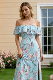 Floral Blue and Pink Off the Shoulder A Line Long Bridesmaid Dress with Slit