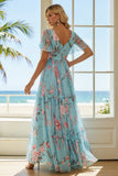 Floral Blue and Pink V-Neck A Line Long Bridesmaid Dress with Ruffles