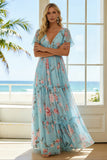 Floral Blue and Pink V-Neck A Line Long Bridesmaid Dress with Ruffles
