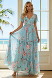 Floral Blue and Pink V-Neck A Line Long Bridesmaid Dress with Ruffles
