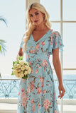 Floral Blue and Pink V-Neck A Line Asymmetrical Bridesmaid Dress