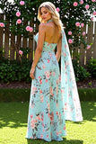 Floral Blue and Pink Backless A Line Long Bridesmaid Dress