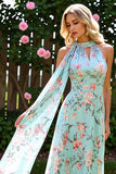 Floral Blue and Pink Backless A Line Long Bridesmaid Dress