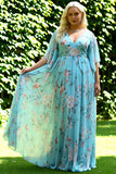 Floral Blue and Pink V-Neck Long Plus Size Bridesmaid Dress with Sleeves