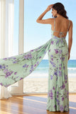 Floral Green and Purple Ruched Long Bridesmaid Dress with Side Cape