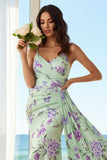 Floral Green and Purple Ruched Long Bridesmaid Dress with Side Cape