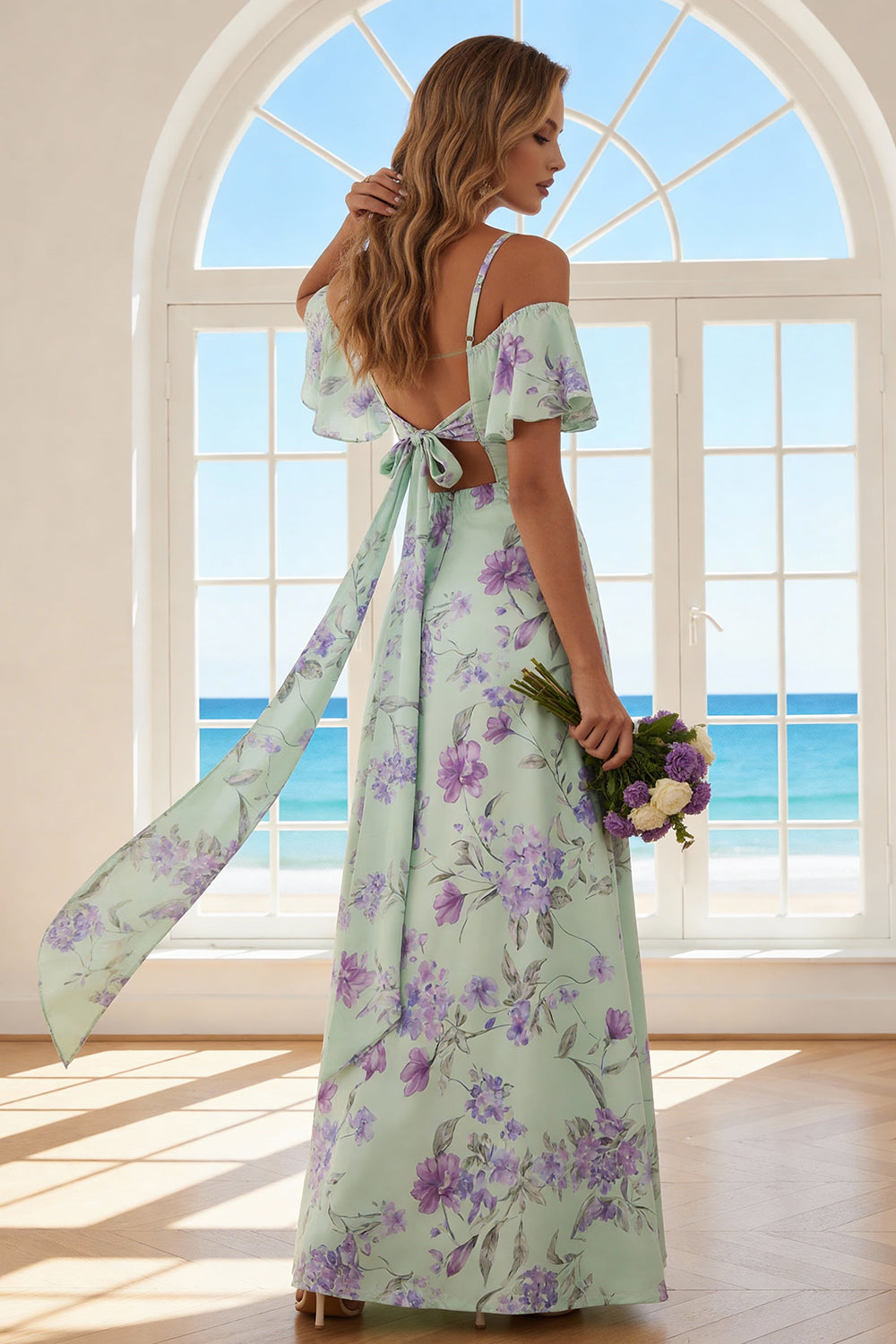 Leely Women Floral Green and Purple Long Bridesmaid Dress with Slit Cold Shoulder A Line Wedding Guest Dress with Bow leelyuk Leely Women Floral Green and Purple Long Bridesmaid Dress with Slit Cold Shoulder A Line Wedding Guest Dress with Bow leelyuk