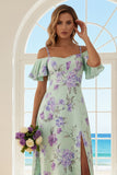 Floral Green and Purple Cold Shoulder Long Bridesmaid Dress with Slit