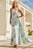 Floral Green and Purple One Shoulder Long Bridesmaid Dress with Cape