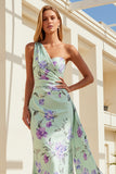 Floral Green and Purple One Shoulder Long Bridesmaid Dress with Cape