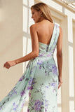Floral Green and Purple One Shoulder Long Bridesmaid Dress with Cape