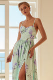 Floral Green and Purple Spaghetti Straps Long Bridesmaid Dress with Slit