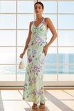 Floral Green and Purple Thick Straps Long Bridesmaid Dress