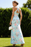 Floral Blue and Pink Criss Cross Neck Long Bridesmaid Dress with Slit