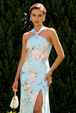 Floral Blue and Pink Criss Cross Neck Long Bridesmaid Dress with Slit