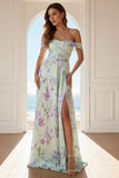 Floral Green and Purple Off the Shoulder Long Bridesmaid Dress with Slit