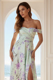 Floral Green and Purple Off the Shoulder Long Bridesmaid Dress with Slit