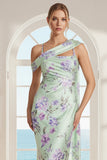 Floral Green and Purple Asymmetrical Neck Mermaid Bridesmaid Dress