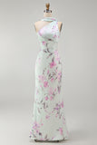 Floral Green and Purple One Shoulder Long Bridesmaid Dress