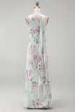 Floral Green and Purple One Shoulder Long Bridesmaid Dress