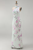 Floral Green and Purple One Shoulder Long Bridesmaid Dress
