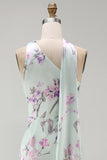 Floral Green and Purple One Shoulder Long Bridesmaid Dress