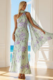 Floral Green and Purple One Shoulder Long Bridesmaid Dress