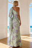 Floral Green and Purple One Shoulder Long Bridesmaid Dress