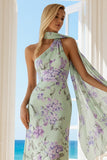 Floral Green and Purple One Shoulder Long Bridesmaid Dress
