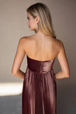 Coffee Pleated Sweetheart Long Wedding Guest Dress