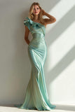 Light Green One Shoulder Mermaid Maxi Bridesmaid Dress with Ruffles
