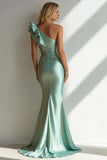 Light Green One Shoulder Mermaid Maxi Bridesmaid Dress with Ruffles