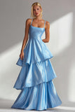 Light Blue Spaghetti Straps Tiered A Line Long Prom Dress with Ruffles