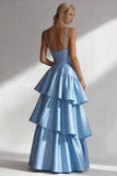 Light Blue Spaghetti Straps Tiered A Line Long Prom Dress with Ruffles